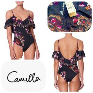 NWT Açu Camilla Crystal embellishment mirror frill-over-shoulder swimsuit